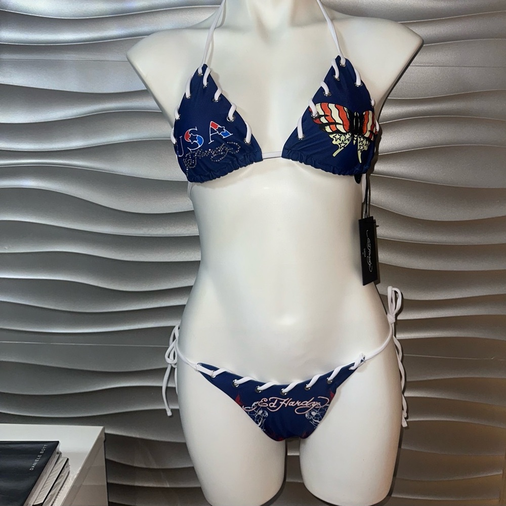 Ed Hardy Navy Blue Swim Briefs with White Lace Ties and USA Accents